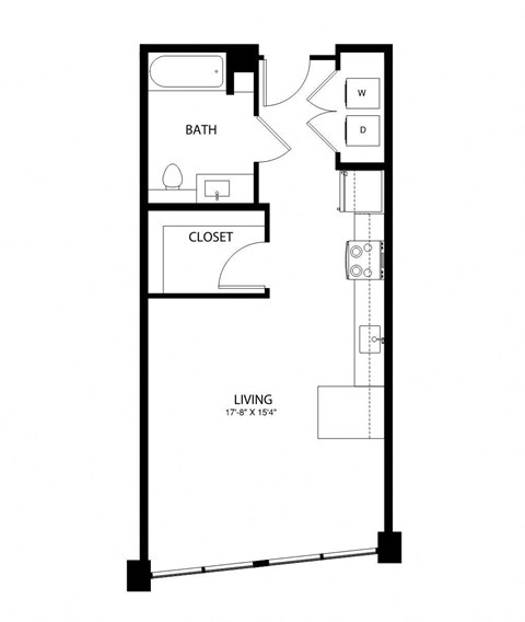 A drawing of a living space with a bathroom and closet.